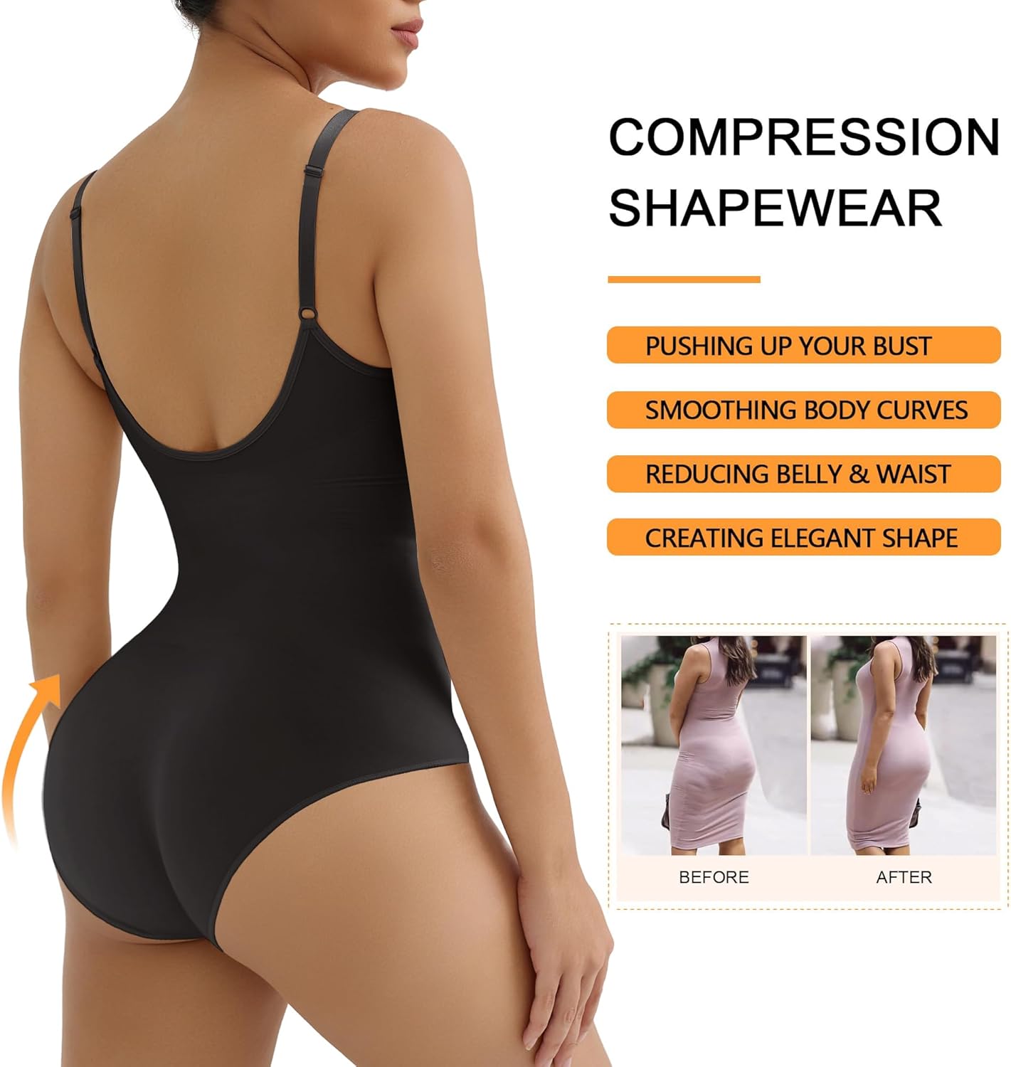 SHAPERX Women's Seamless Shapewear Tummy Control Bodysuit with Removable Pads Mid Thigh Body Shaper - Image 3
