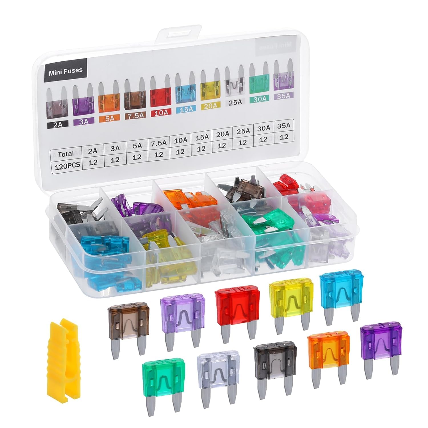 120 PCS Standard Mini Fuses, Car Fuse Assortment Kit, Standard Car Blade Fuses and Mini Blade Fuses (2A/3A/5A/7.5A/10A/15A/20A/25A/30A/35A) Fuses for RV Automotive Trucks Motorcycle Camper SUV