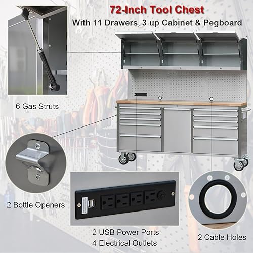 Miniatura 5 de Paquete de 2 cajas de herramientas de acero inoxidable de 72 pulgadas con 15 cajones, gabinete de almacenamiento con cerradura, banco de trabajo
