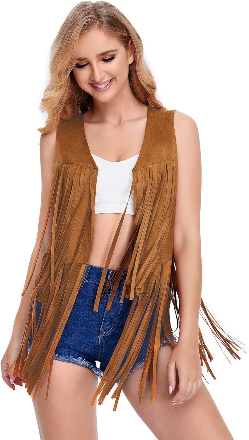 Verdusa Women's Tassel Sleeveless Vest 70s Hippie Faux Suede Fringe Jacket Cardigan - Image 7