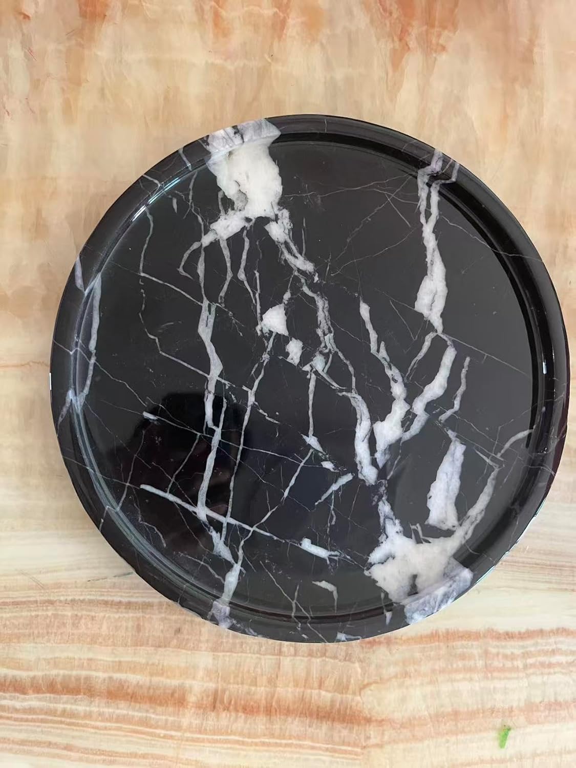 Real Natural Round Marble Tray for Bathroom, Genuine Marble Stone Vanity Tray, Luxury Storage Trays for Kitchen, Vanity, Home Decor, Dresser, Non-Resin/Non-Ceramic, 11"x 0.9", Black