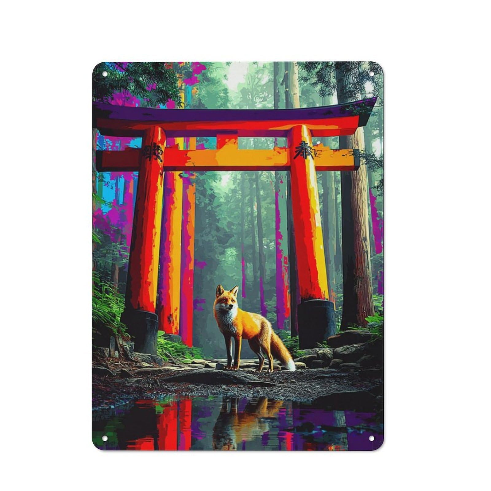 Tin Wall Plaque 40x30cm with Fox at The Torii Gate -2 for Hallway Wall, with Clear Retro Wall Decor Character