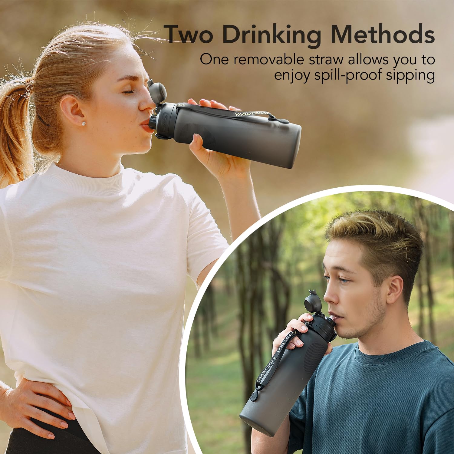 TakeToday Botellas de agua plegables con popote para viajes internacionales, 32 onzas, color negro
