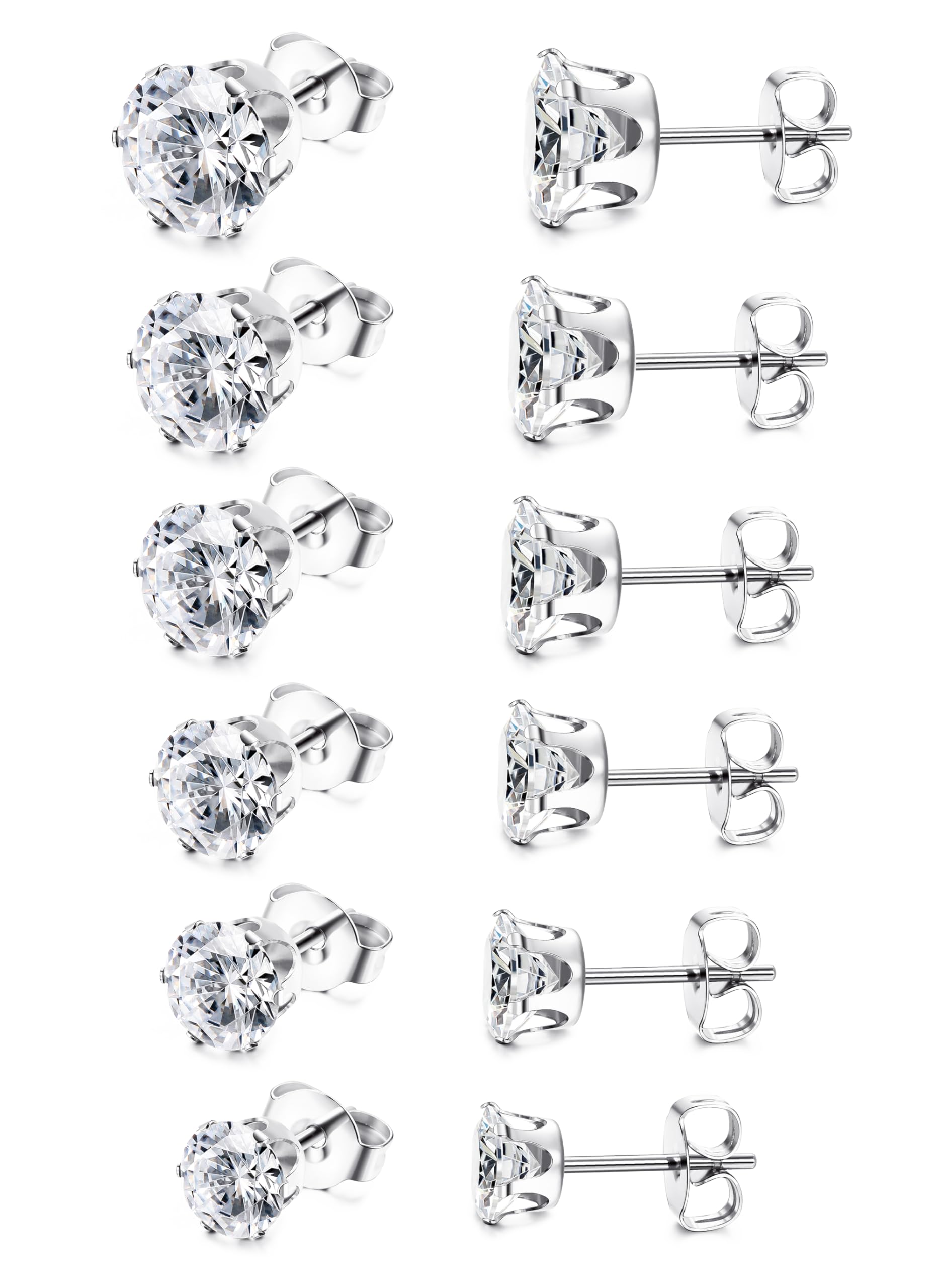 JeweBella6 Pares Pendientes Mujer Plata/Oro Acero Inoxidable Pendientes Circonita Cúbica Transparente Pendientes Brillantes Diámetro 3-8mm