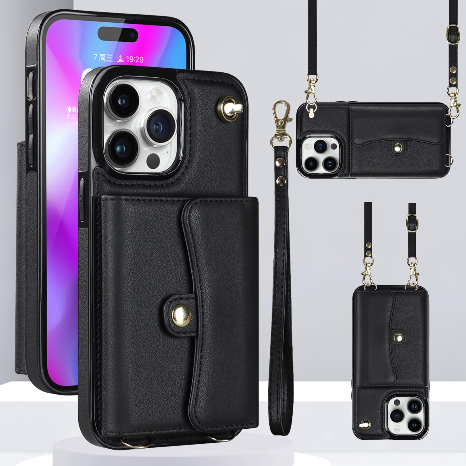 JYYVE for iPhone 15 Pro Case 6.1 Inch, Crossbody Purse Wristlet Shoulder Strap Trendy Protective Cover for iPhone 15 Pro (Black)