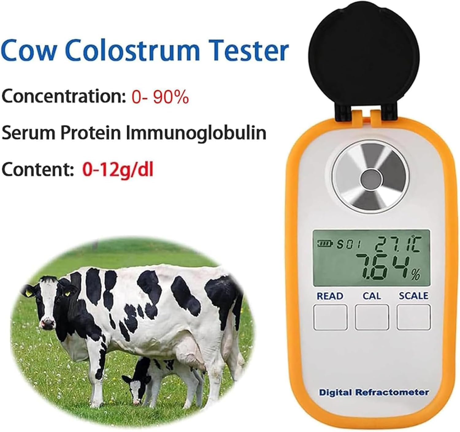Medidor de calostro de vaca lechera, refractómetro digital de mano, detección de alto rango de 0 a 50 %, precisión ± 0,2 %, resolución 0,1 % para pruebas de contenido de azúcar