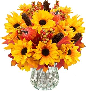 CORVYUC Fake Fall Flowers 4 Pcs Fall Floral Stems Autumn Maple Leaves Branches with Pumpkins Pine Cones Fall Bouquet for Indoor Home Kitchen Table Centerpieces Wedding Thanksgiving Decor