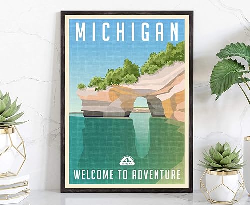 Póster de viaje de estilo retro, Michigan, impresión de póster rústico vintage, decoración de pared de oficina en casa, póster de mapa del estado de