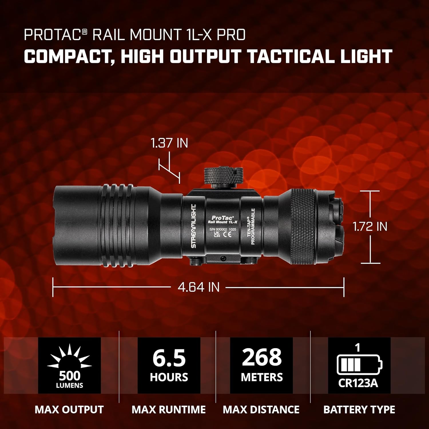 Streamlight 89024 ProTac Rail Mount 1L-X Pro 500-Lumen 18,000-Candela Rechargeable Capable Weapon Light with CR123A Batteries, Picatinny and M-LOK Compatible, Black