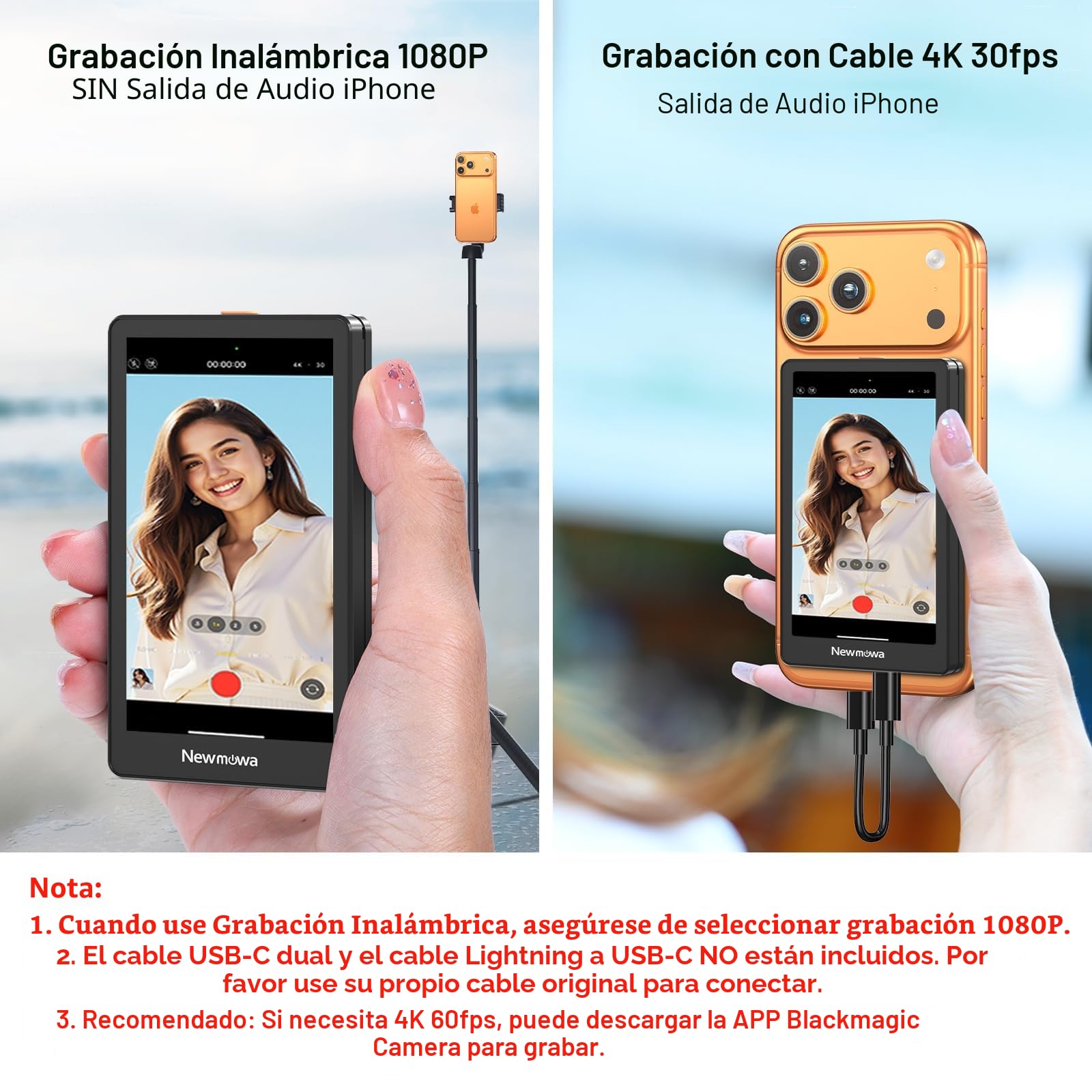 Newmowa Negro Pantalla magnética para Selfie Vlog,grabación inalámbrica 1080P, fotocamera posteriore del telefono per Selfie Vlog TikTok LiveStream,Compatible con iPhone(grabación con Cable 4K 30fps)