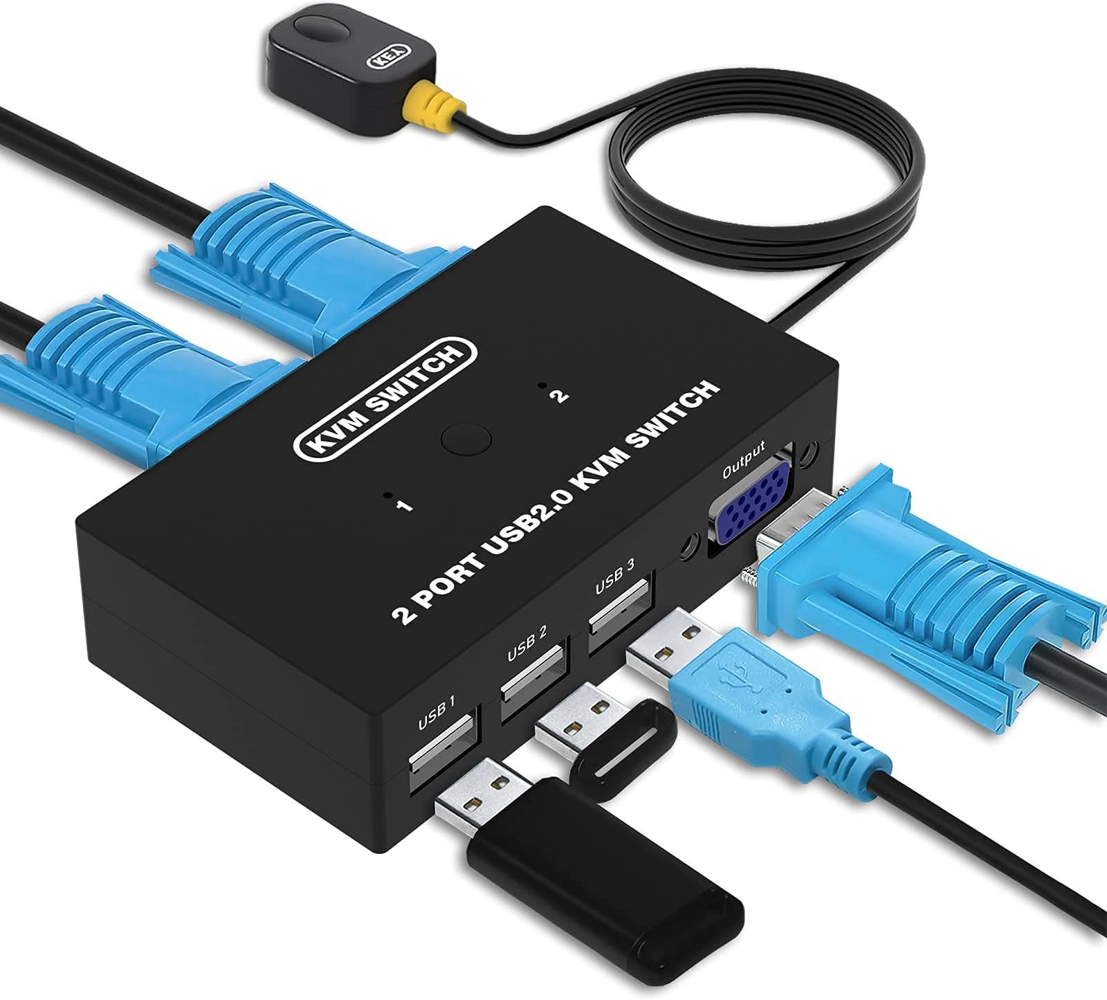 DGODRT USB VGA KVM Switch for 2 PC Sharing 1 Video Monitor and 3 USB Devices, Keyboard Mouse Scanner Printer, for Laptop PC Windows Mac OS System