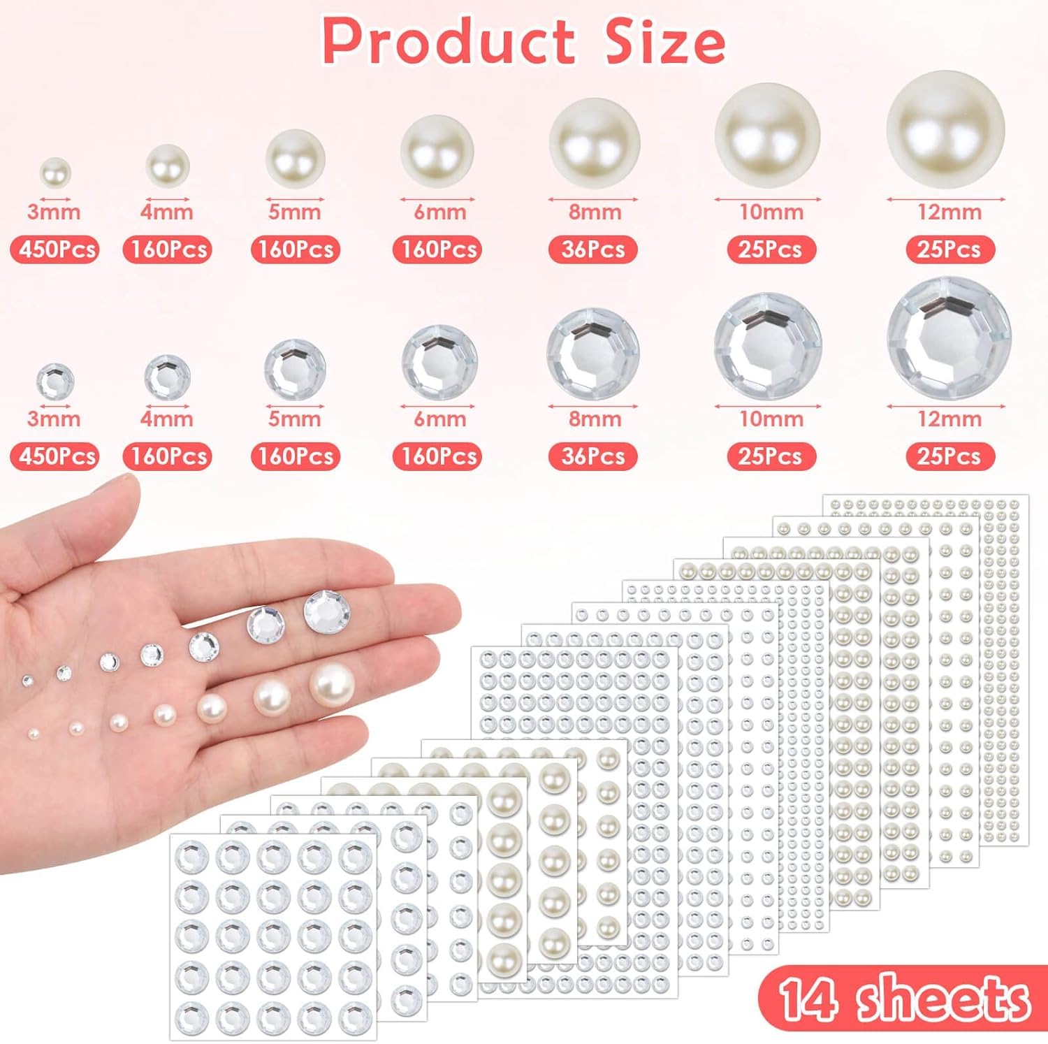 TecoKart 2032 Pcs Self Adhesive Pearls and Rhinestones Sticker,Hair Gems and Hair Pearl, Face Pearls for Makeup, Crafts, Home Decor Scrapbooking,7 Sizes 3mm/4mm/5mm/6mm/8mm/10mm/12mm