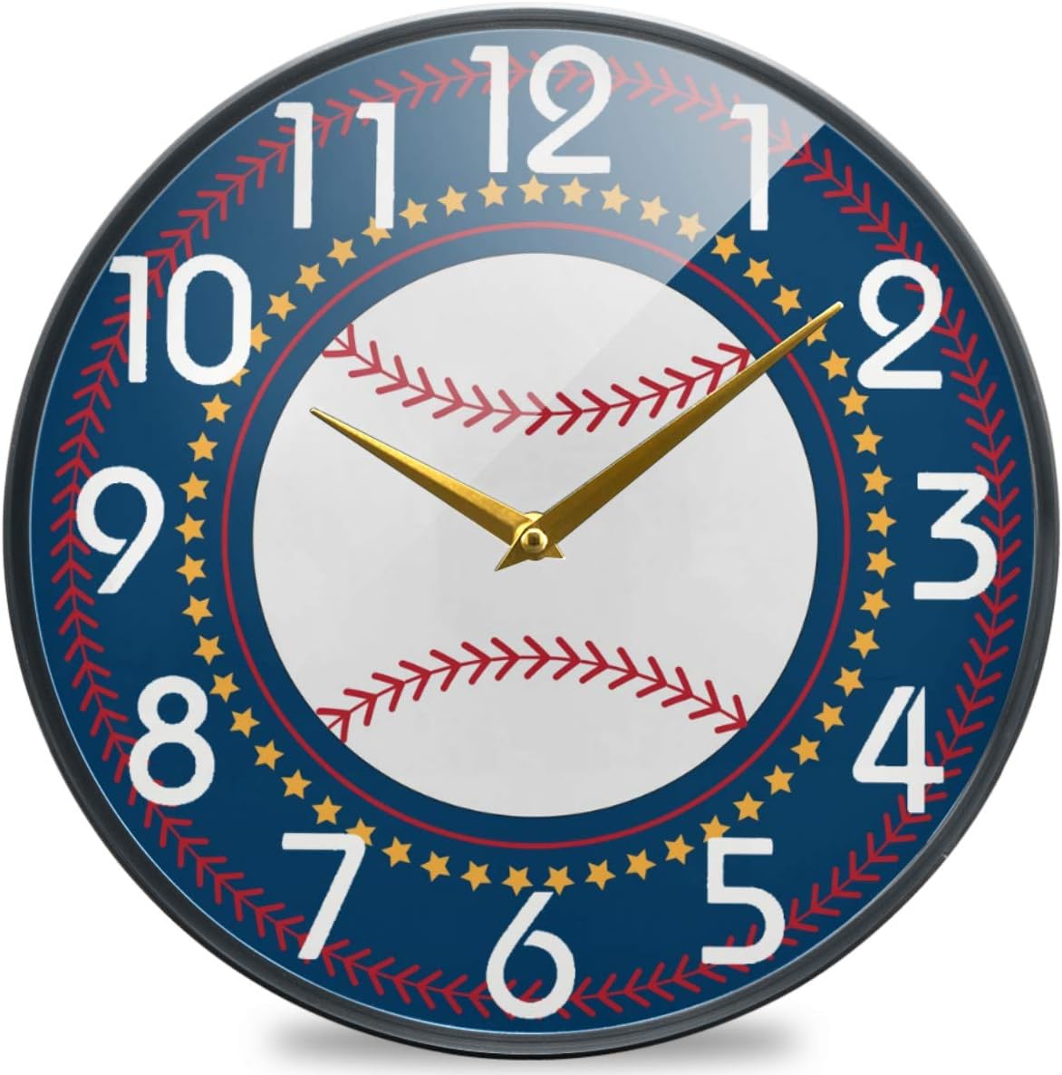 Stylish Baseball Stars Flat Illustration Round Wall Clock, 9.5 Inch Silent Battery Operated Quartz Analog Quiet Desk Clock for Home,Office,School