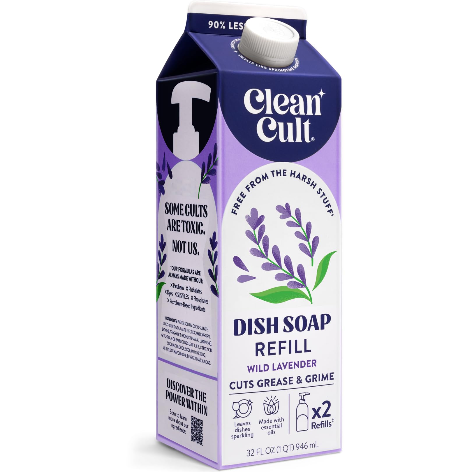 Cleancult Dish Soap Liquid Refills (32oz, 1 Pack) - Dish Soap that Cuts Grease & Grime - Free of Harsh Chemicals - Paper Based Eco Refill, Uses 90% Less Plastic - Wild Lavender