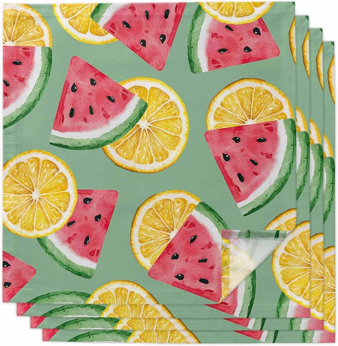 Summer Watercolor Lemon Watermelon Cloth Napkins Set of 8,Reusable Washable Napkins Cloth, Pink Cute Gnome Table Dinner Napkins for Kitchen Wedding Parties