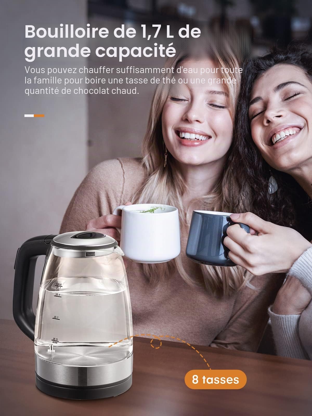 Bouilloire Électrique en Verre 1.7 L, FOHERE Thermostat Réglable 50-100°C, Fonction Maintien au Chaud, 5 Couleurs de LED, 2200W