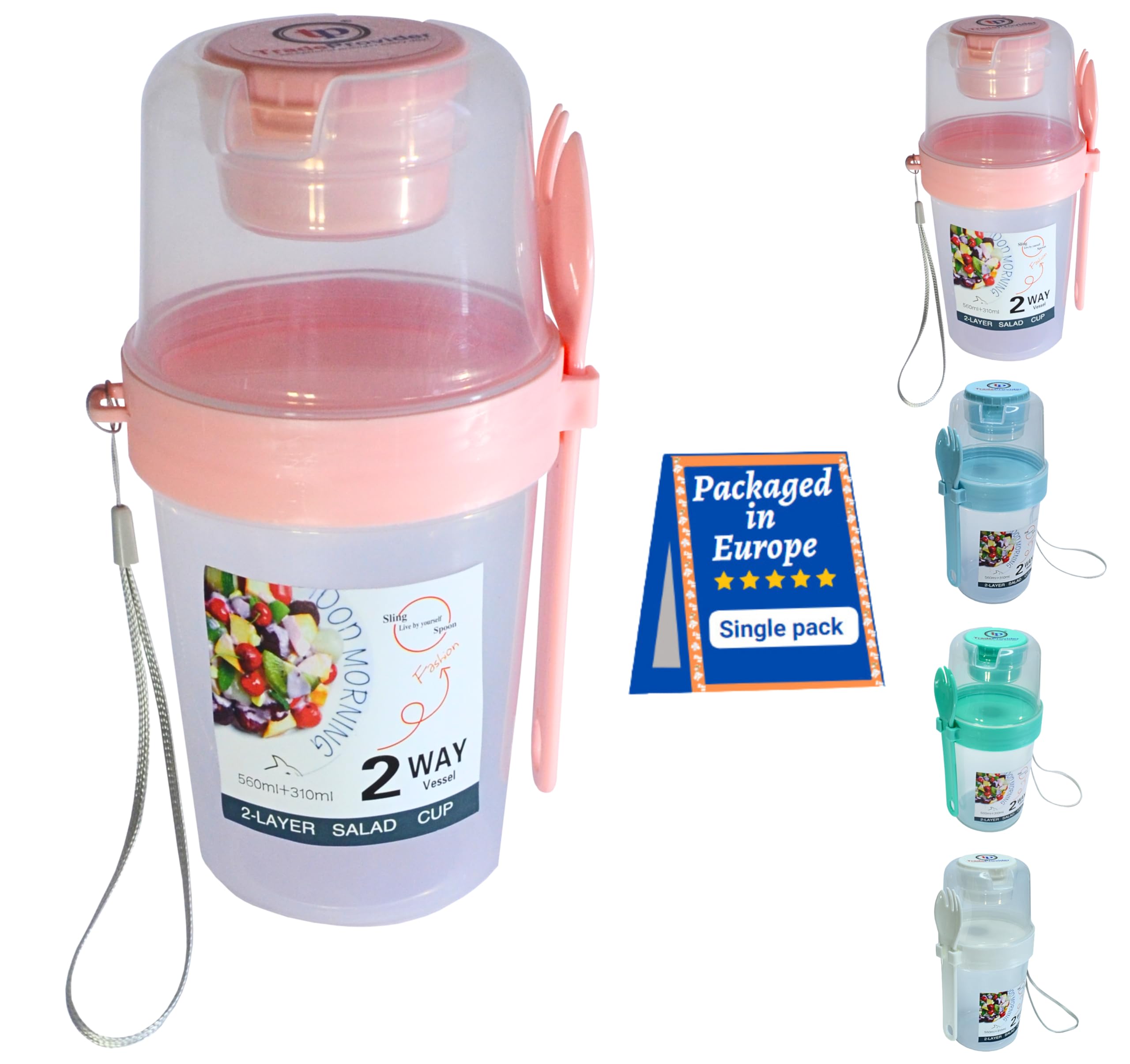 TradeProvider® Reusable Yogurt Cups with Lid Fork Lanyard 560ml/19Oz Clear 3 in 1 Cereal Pot Salad Juice Milk Cup 100% BPA Free Breakfast Bowl (PinkPot)