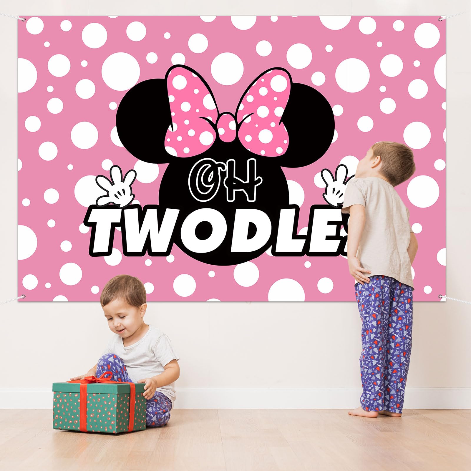 Oh Twodles - Pancarta de fondo rosa con dibujos animados de feliz segundo cumpleaños, decoración de fiesta temática de animación a dos años de edad, suministros de fondo de fotografía para niñas