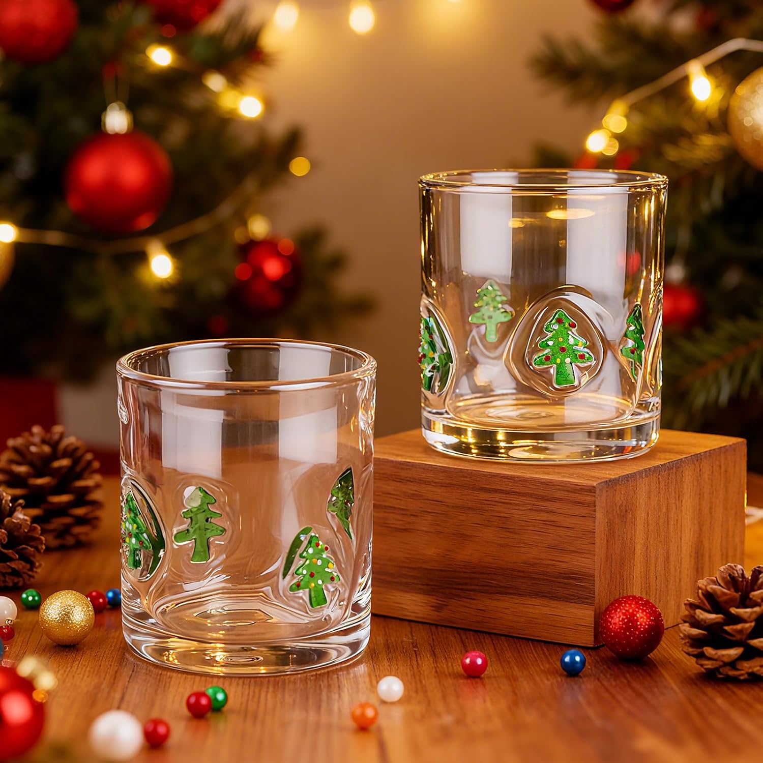 2 Pcs Handmade Christmas Tree Icon Juice Glass Cup, 14 oz Double Old Fashioned Stemless Wine Cocktail Drinking Glass Cup for Holiday Party Supplies Xmas Gifts