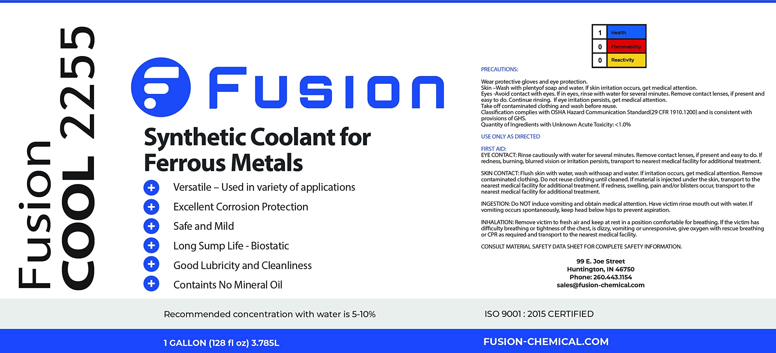 Refrigerante de niebla para aplicaciones de corte de metal | Fusion Cool 2255 | Líquido sintético de alta calidad para trabajar metales (1 galón)