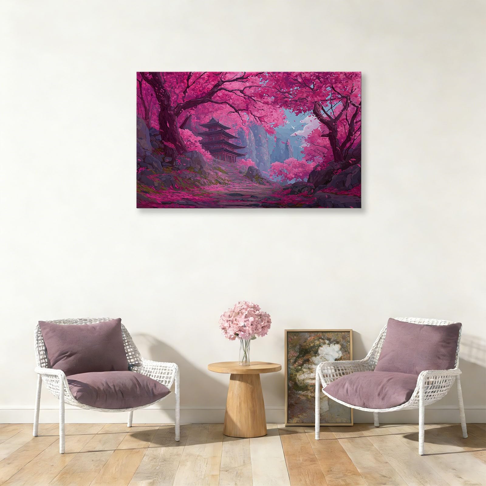 Stampa artistica da parete su tela, tempio fantasy, fiori di ciliegio, stampe su tela 99,1 x 50,8 cm, dipinti senza cornice, immagini da parete paesaggi giapponesi, poster rosa o soggiorno, bagno