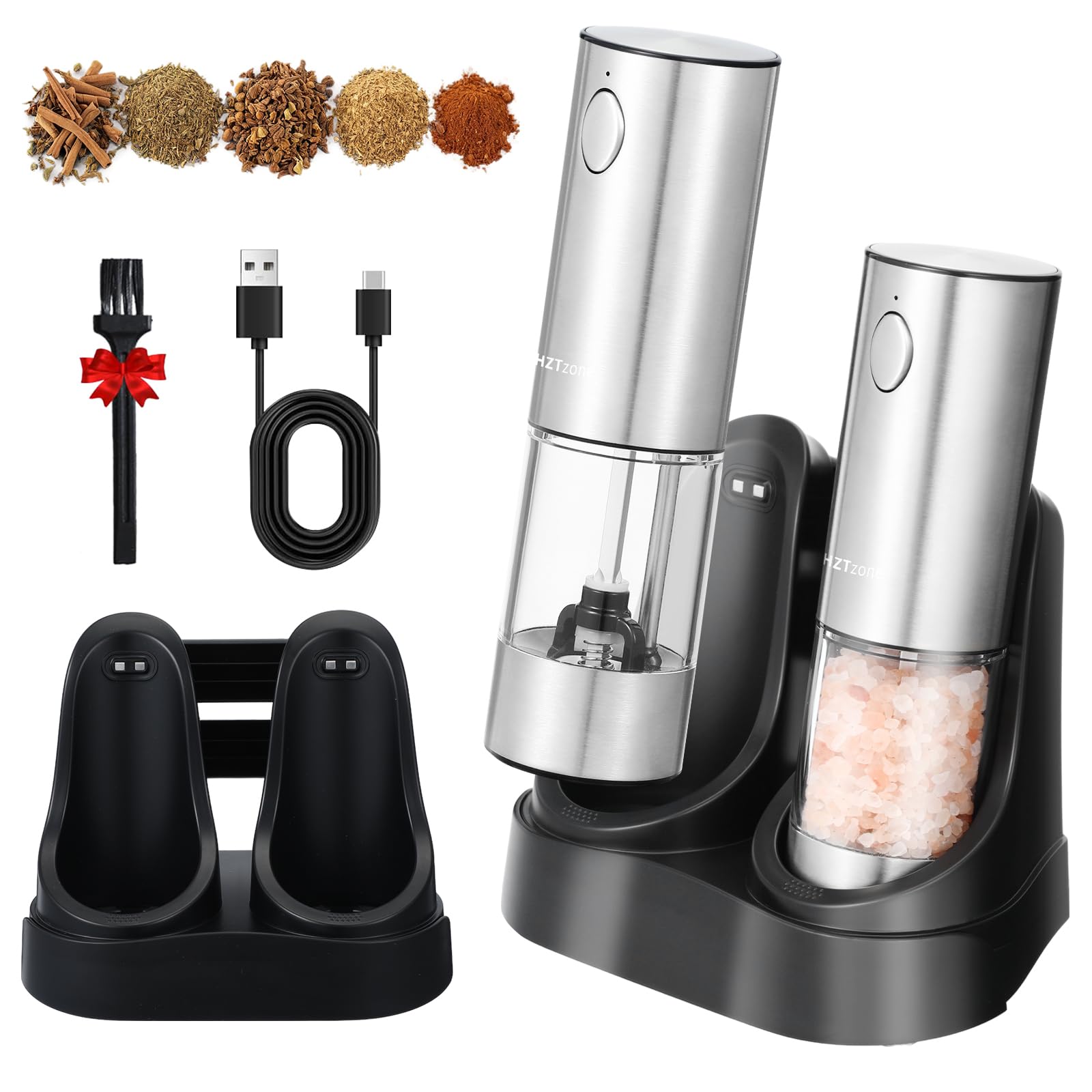 Rechargeable Electric Salt and Pepper Grinder Set with Charging Base, One Handed Automatic Pepper Mill, Adjustable Coarseness, LED Light, Stainless Steel