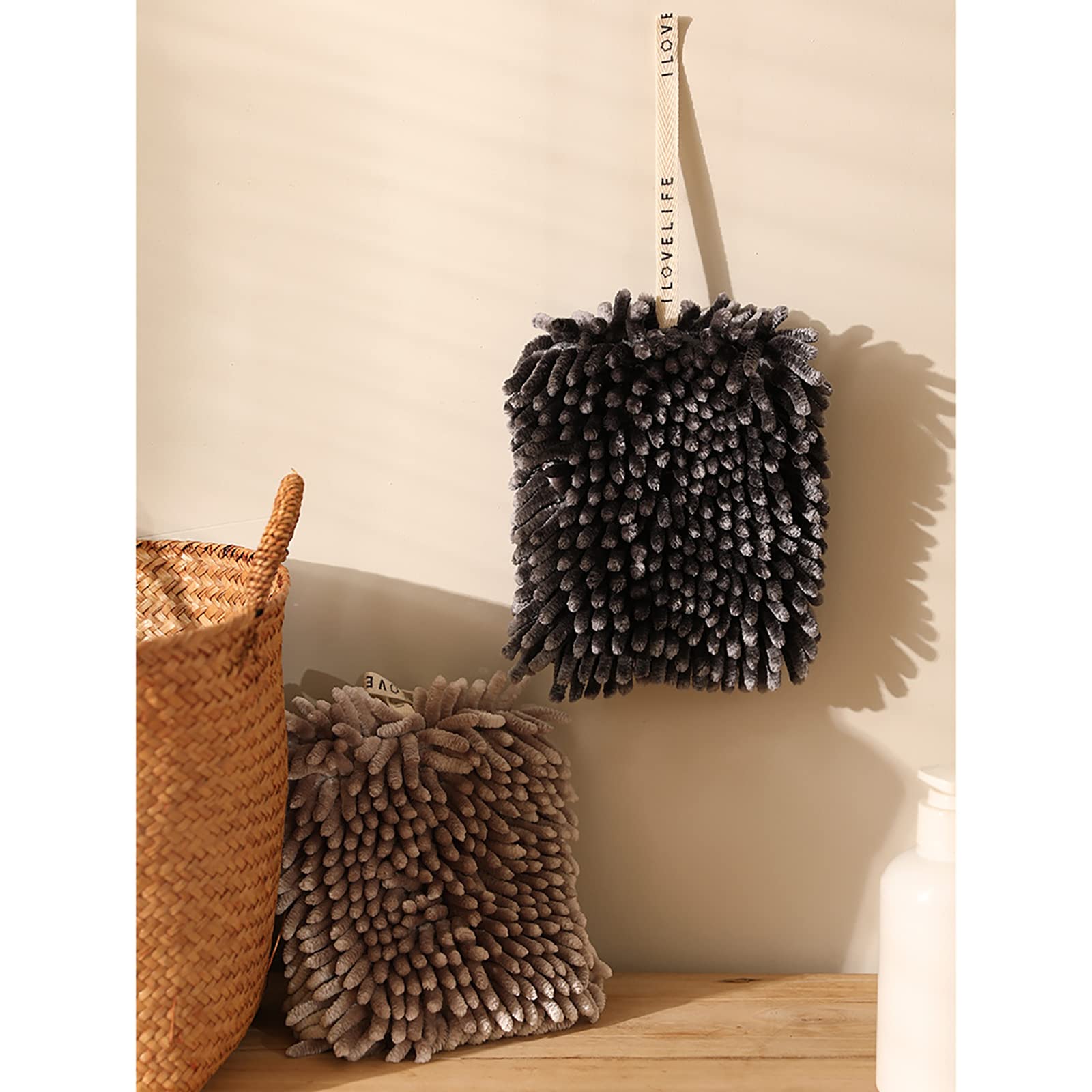 2 Pack Chenille Hanging Hand Towel Balls Super Absorbent Microfiber Hand Towels Chenille Ball Soft Plush Quick-Drying Hand Towels with Hanging Loops for Bathroom Kitchen (Brown+Grey)