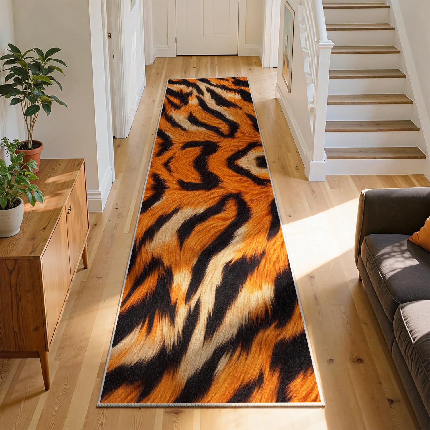 Tiger Hallway Runner Rug, 120x170cm Black and Orange Animal Tiger Stripe Print Non-Slip Entrance Rugs, Soft, Shedding-Resistant, Washable, Wildlife Home Decor Kitchen Carpet for Bedroom Bedside