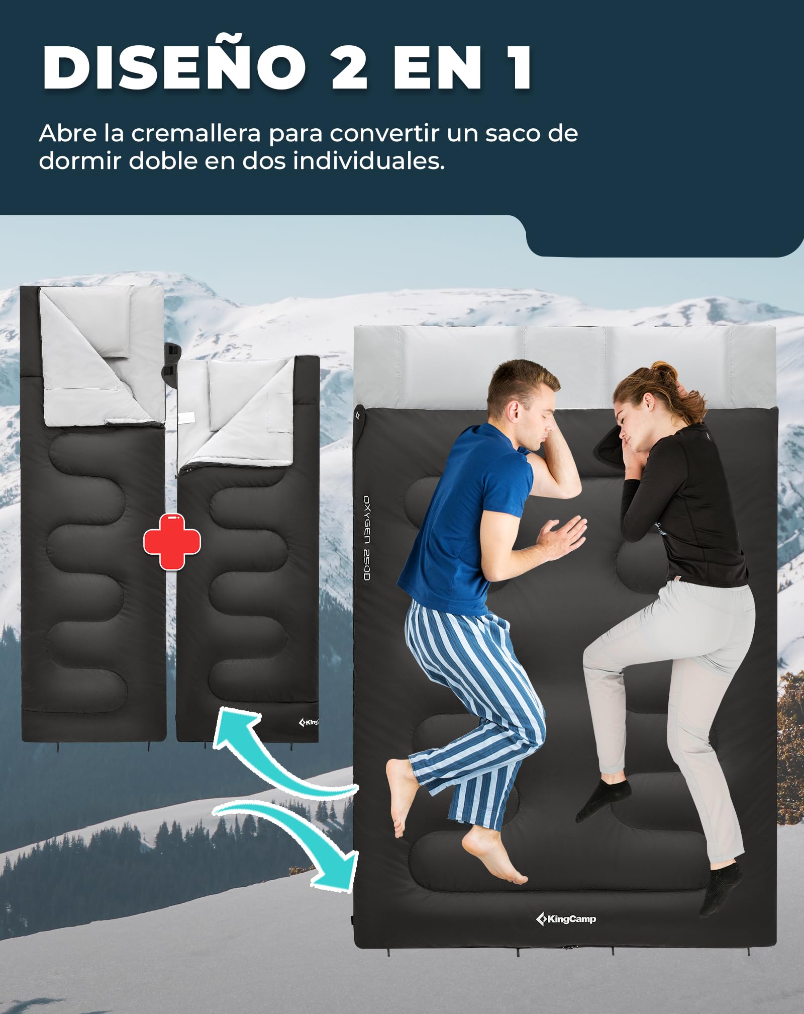 KingCamp Saco de Dormir Doble con Almohadas,220 × 150 cm para 3-4 Estaciones,Gran Saco de Dormir cálido Impermeable,para Adulto Acampar Festivales Caravaning Viaje,en Interiores o Exteriores
