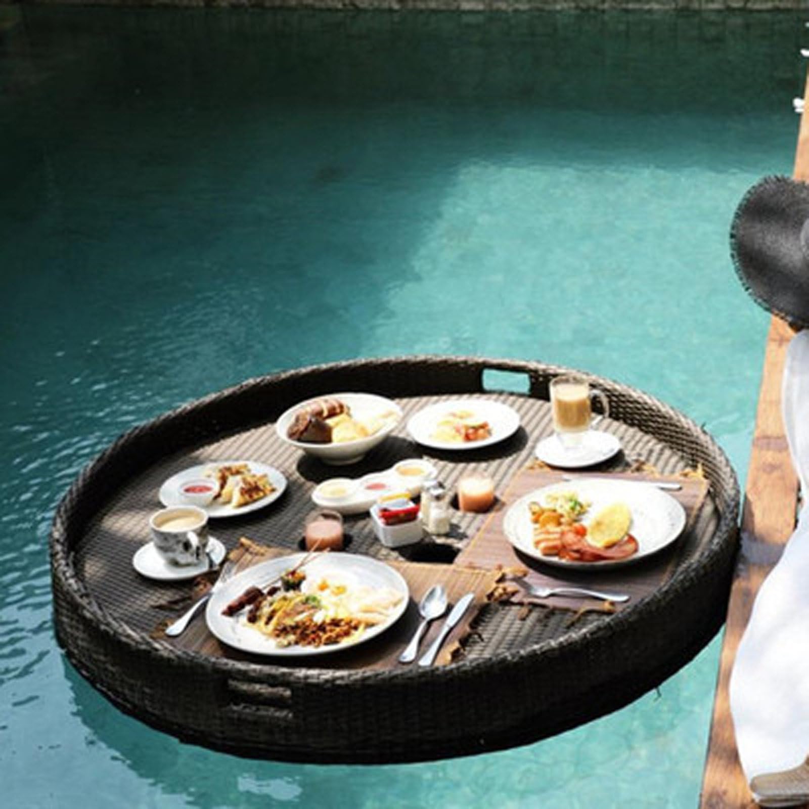 Vassoio Da Portata Galleggiante, Vassoio per Cibo In Rattan Intrecciato per Piscina, Piscina, Spa, Vasche Da Bagno e Feste,Round-80-Black