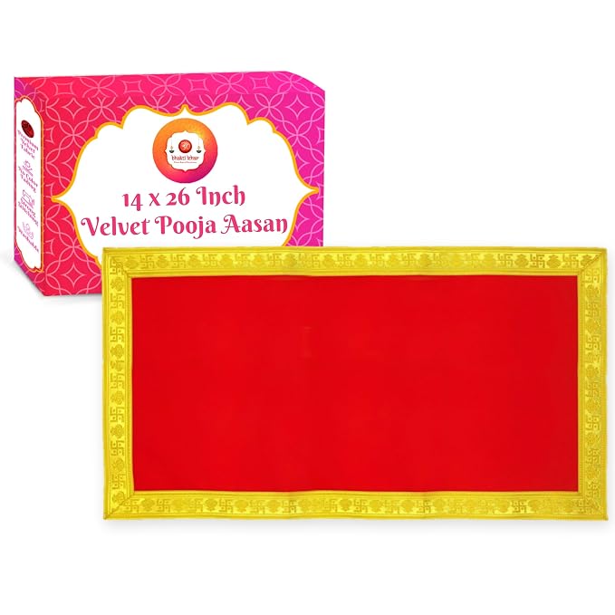 Bhakti Lehar Red Velvet Pooja Cloth | Aasan for God Idol Sitting, Mandir Shelf, Puja Chowki Table and Home Temple Decoration - Pack of 1 (14 x 26 Inch)