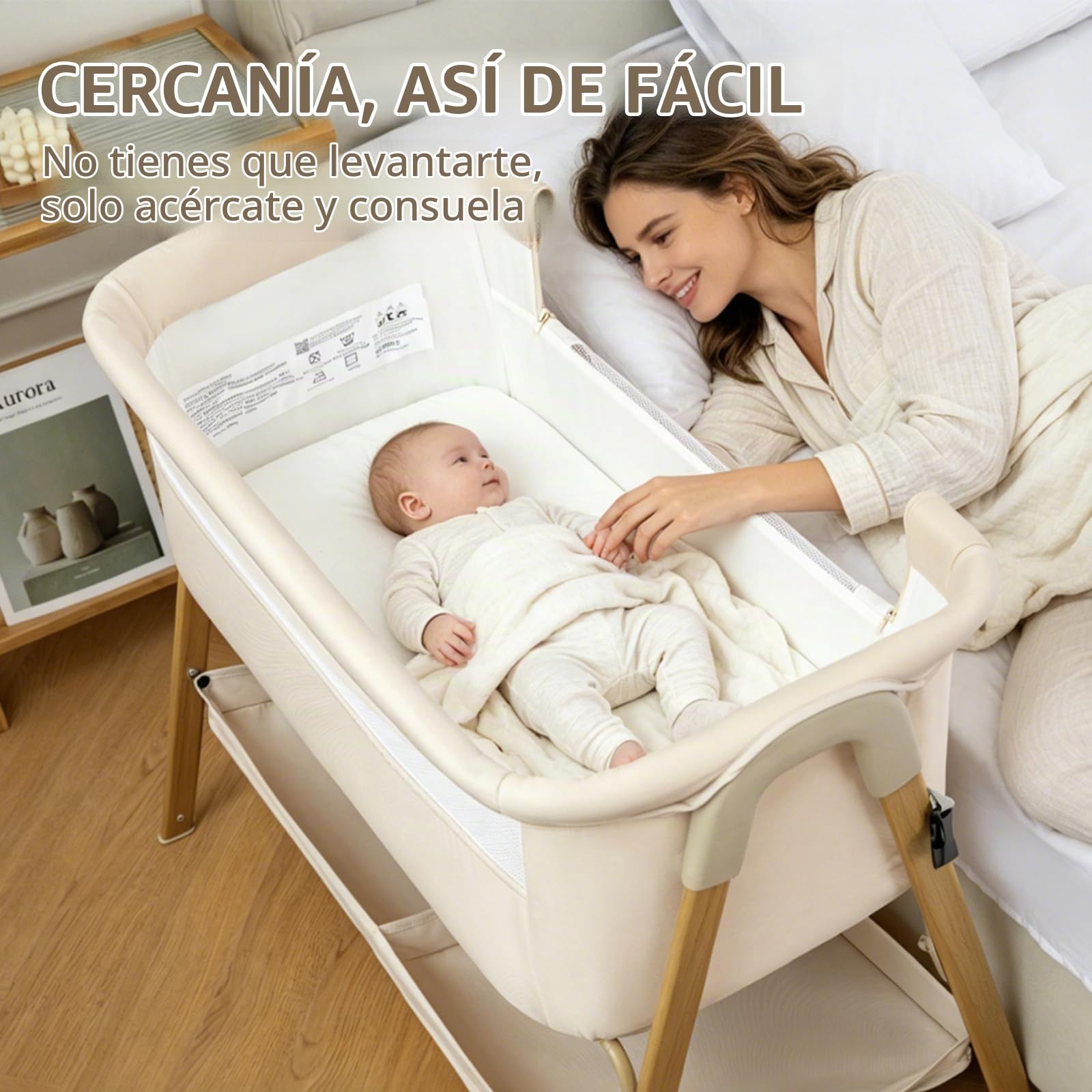 Zkiprm Cuna Colecho Bebé, Cama Colecho Bebé Plegable de Fácil Montaje, Cuna con mosquitero, 4 Ruedas Bloqueables, Bolsa de Viaje y Cesta de Almacenamiento | Máximo : 9 kg | 0 a 6 Meses（Beige）