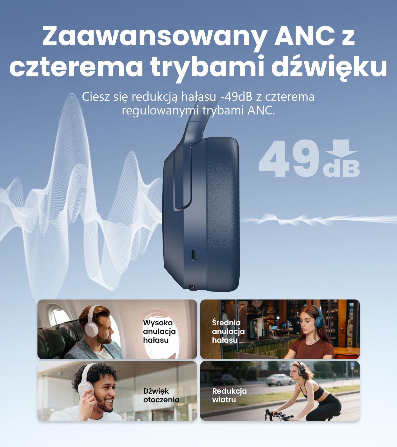 Edifier W820NB Plus Gen 2 bezprzewodowe słuchawki słuchawkowe z redukcją hałasu nad uszami, -49 dB ANC, LDAC Hi-Res Audio, czas odtwarzania 88H, dźwięk przestrzenny, ochrona głośności - Navy