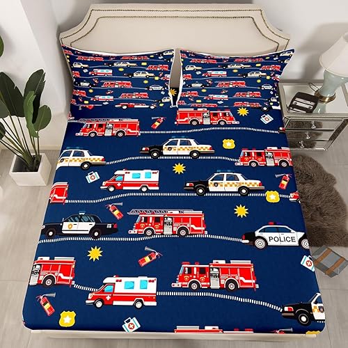 Miniatura 2 de Juego de sábanas para cama de coche de bomberos, juego de sábanas de coche de policía con bolsillo profundo, sábana bajera ajustable para decoración
