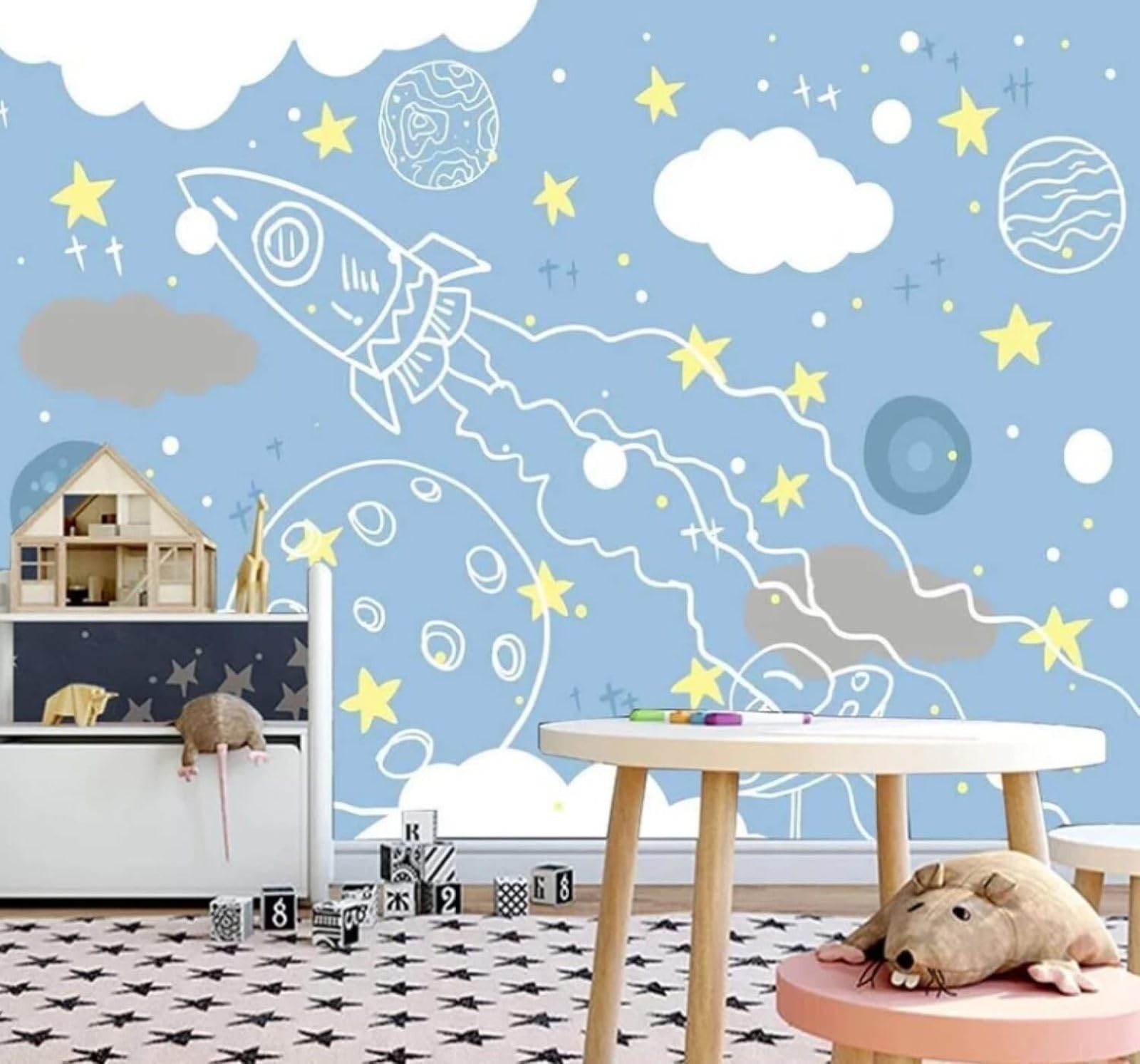 Xlming 250Cm×170Cm(B×H) Cartoon Rocket Space Starry Sky Planet 3D Wallpaper Luxury Home Dining Decor Paste Sofa Living Room The Wall For Bedroom Mural-250Cm×170Cm