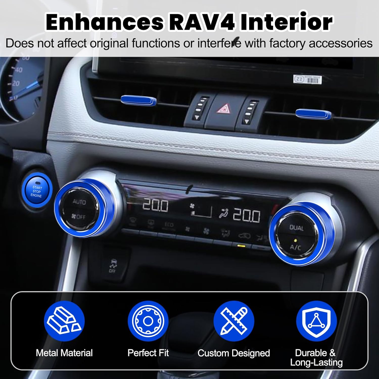 DIAMOOKY 6PCS Center Console Knob Cover for Toyota RAV4 Accessories 2025 2024 2023 2022 2021 2020 2019, Rav 4 Push Start Button Trim Ring, Air Vent Adjust Paddles Cover, Metal (Blue)