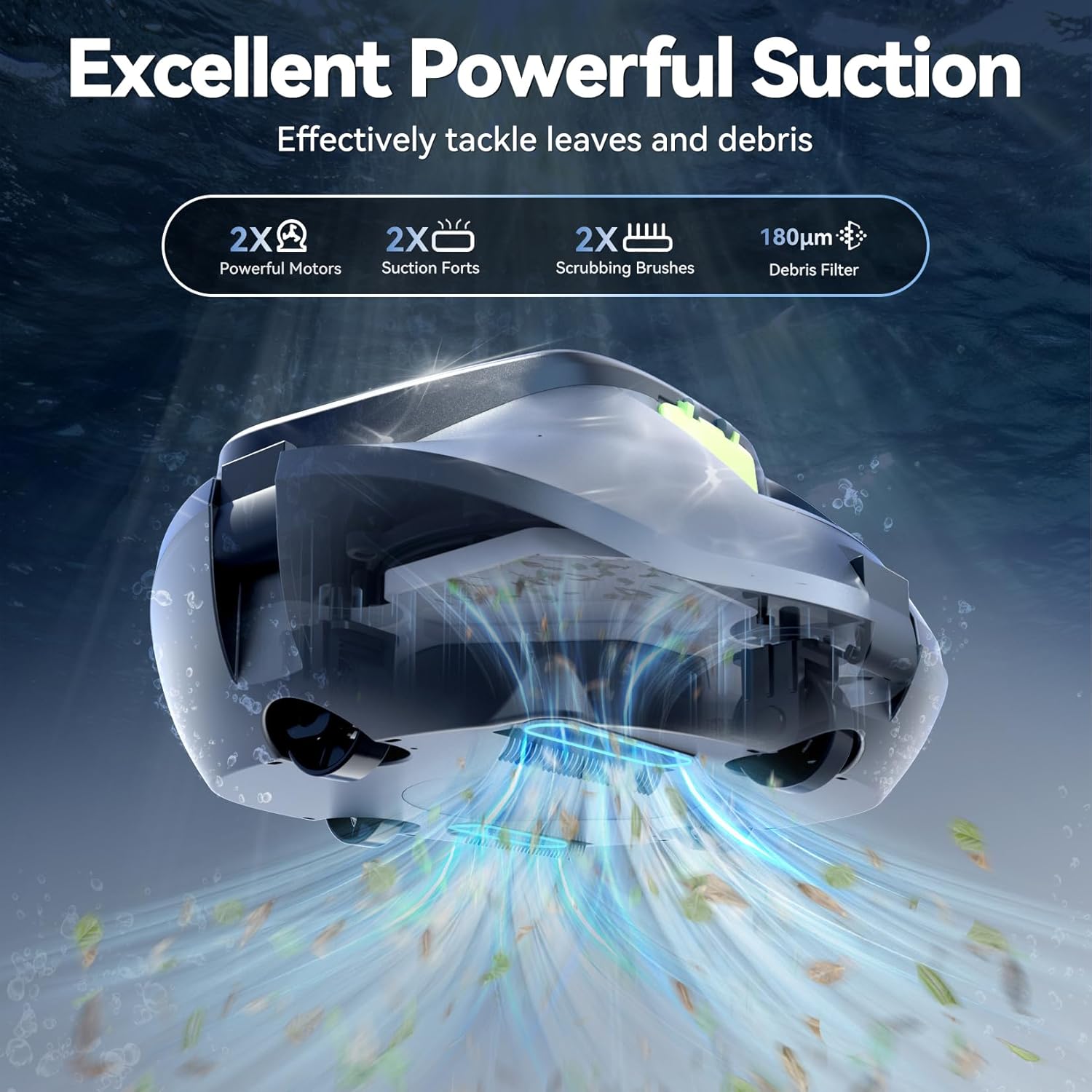 Pondee X1 demonstrating powerful suction, pulling leaves and debris from the pool floor.