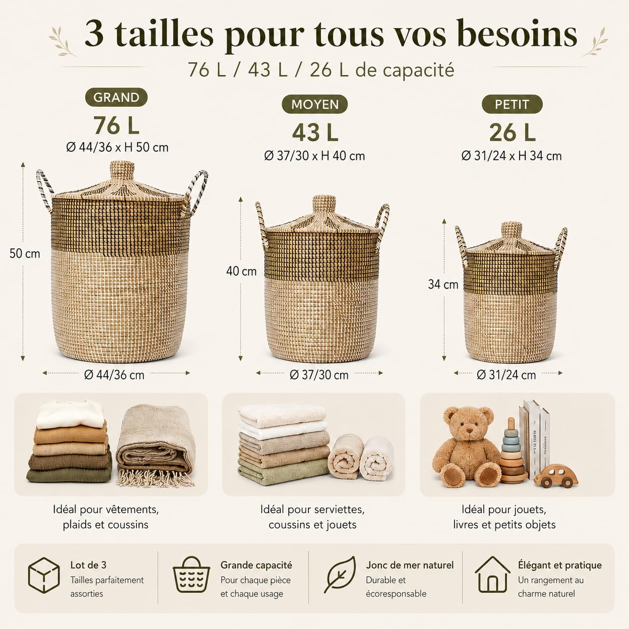 Panier de Rangement Herbe de Mer Artisanal Vietnam Set de 3 avec Doublure Amovible 75.99L/42.99L/25.65L
