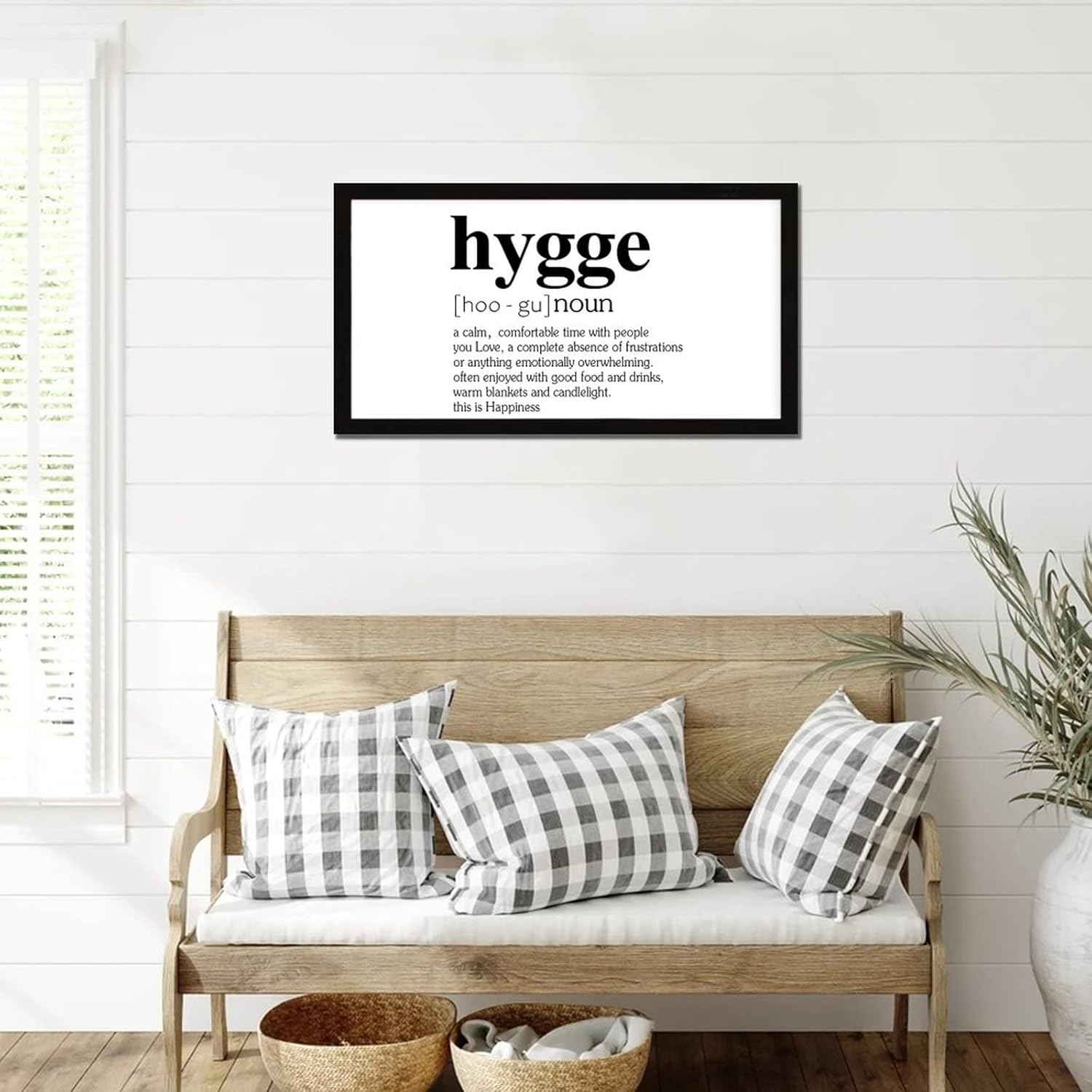 Framed Wood Sign with the Funny Noun Definition of Hygge Chic Style 12x22in Black Frame Wooden Plaque for Cottage Desk Cafe Bar Garden Yard Farmhouse Porch Wall Decor Birthday Housewarming Gift