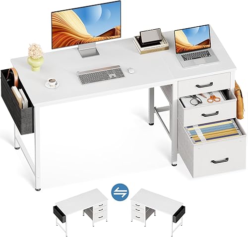 Casaottima Escritorio pequeño de 40 pulgadas para computadora en casa y oficina para dormitorio, con cajones de tela y archivador, bolsa de