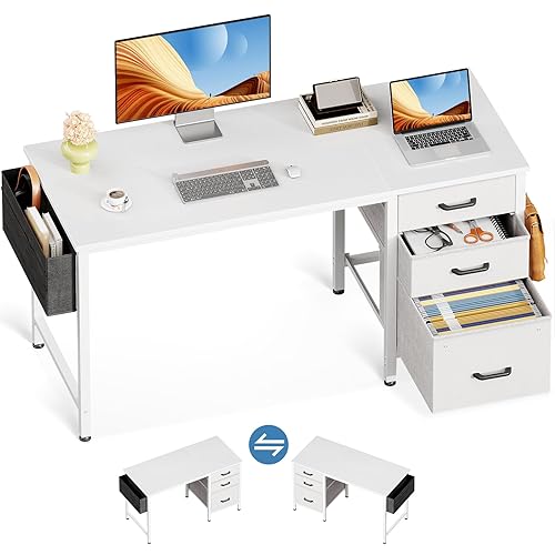 Casaottima 40" Small Computer Home Office Desk for Bedroom with Fabric Drawers & File Cabinet, Cloth Storage Bag and Hook, Writing Study Work Table for Small Space, White - White - 40 inch
