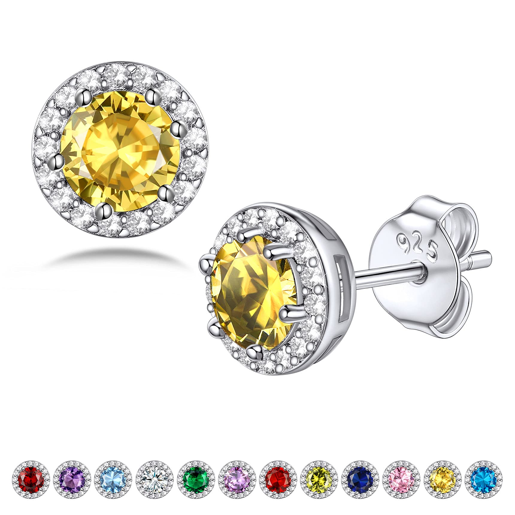 Bestyle Sparkling 925 Sterling Silver Birthstone Stud Earrings for Women, Heart/Round/Teardrop/Square Solitaire Diamond Studs Earrings, Great Birthday/Christmas Gifts