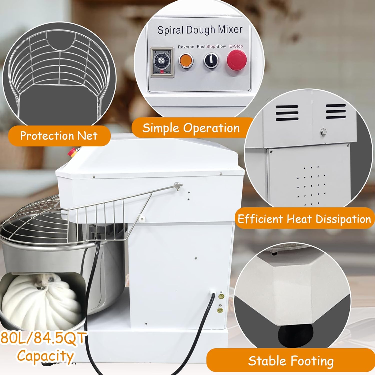 INTSUPERMA 220V 2200W/3300W Commercial Dough Mixer, Electric Food Stand Spiral Mixer, 80L/84.5QT Capacity, Dual Rotating Dough Kneading Machine, Stainless Steel Electric Flour Kneading Mixing Machine