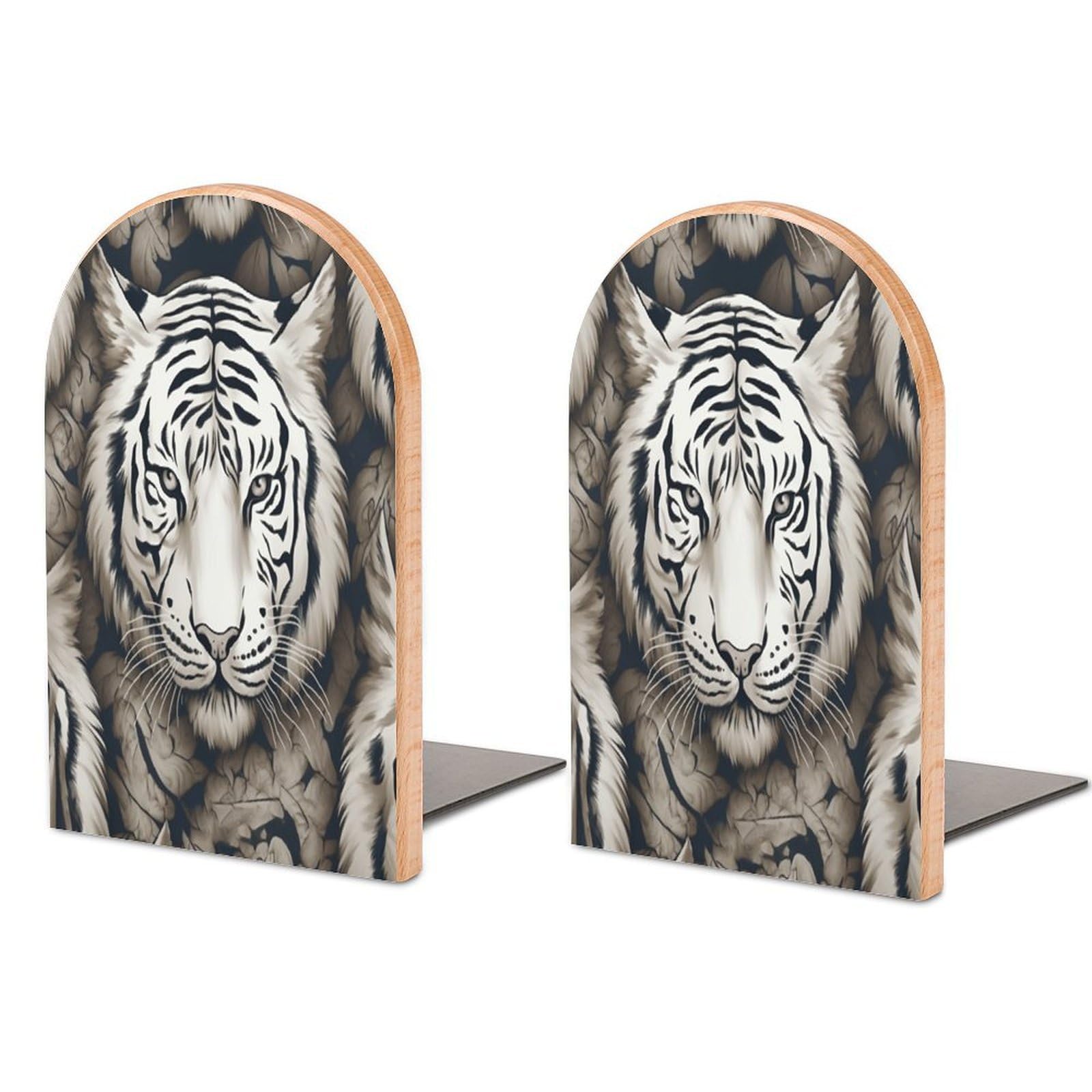 Sujetalibros de madera de tigre blanco para estanterías de oficina y hogar