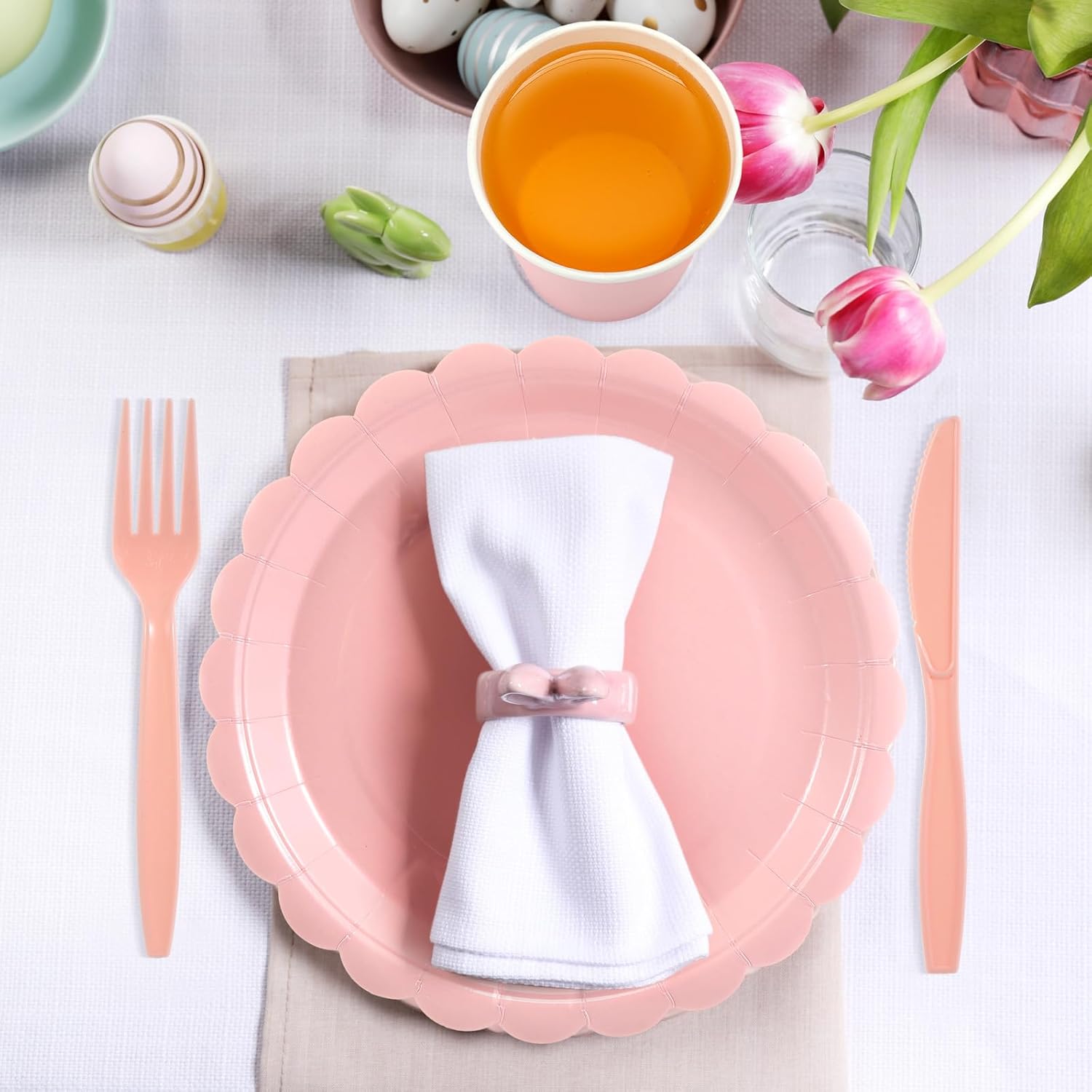 350 Pcs Light Pink Plates and Napkins, 50 Guest Spring Party Supplies Include Scalloped Paper Plates Napkins Cups Plastic Spoons Forks Knives Disposable Tableware Set for Baby Shower