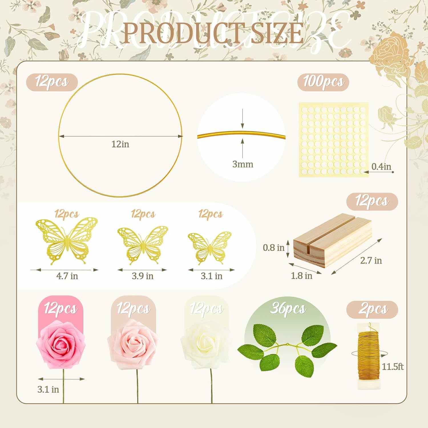 12 Set Butterfly Metal Floral Hoop Table Centerpieces, Metal Ring with 3D Butterfly Decor, PE Foam Flower, Adhesive Dot, Gold Wires for DIY Wedding Party(White, Pink, Pink,Round)