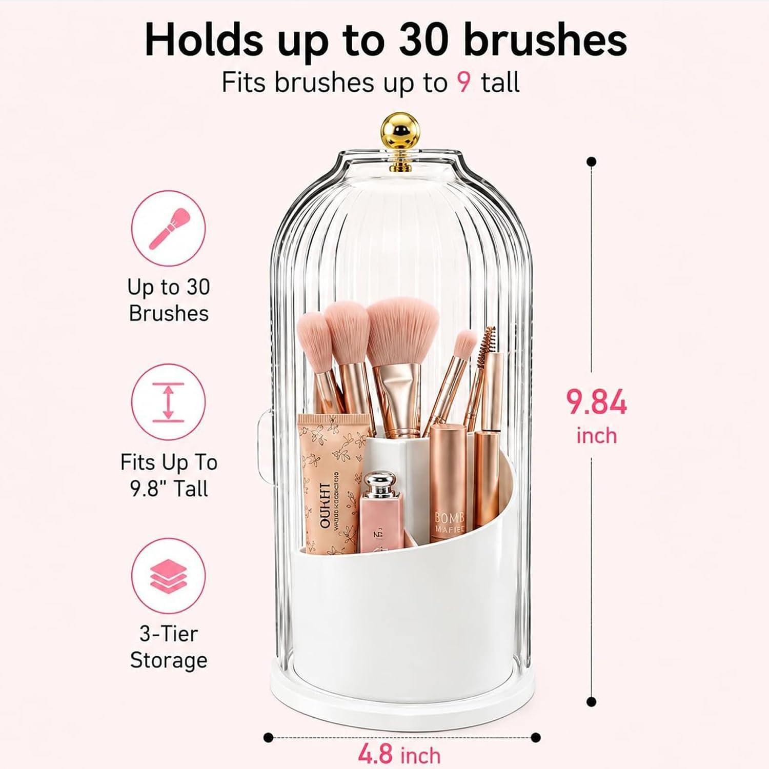 Makeup Brush Holder with 360° Rotating Base, Dustproof Cover | with Side-Sliding Lid, Holds Up to 30 Brushes, Fits Tall Brushes up to 9.8", Waterproof, 3 Compartments, Easy to Clean