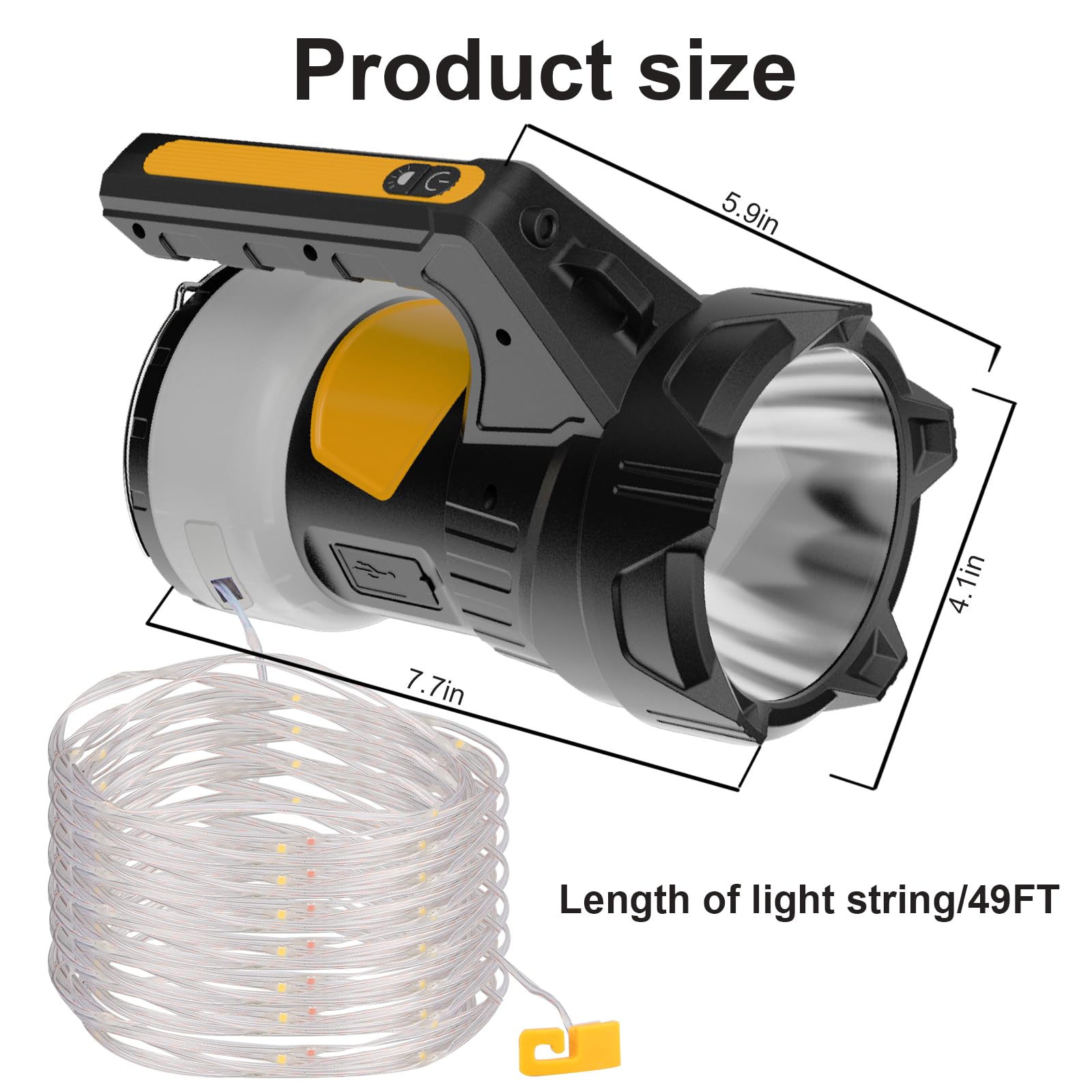 Luz de Búsqueda de Camping Recargable Linterna LED 2 en 1 para Emergencias (1000 lm), Capacidad de 2400 mAh, Batería de Iones de Litio, Patio y al Aire Libre, Camping, Senderismo y Cortes de