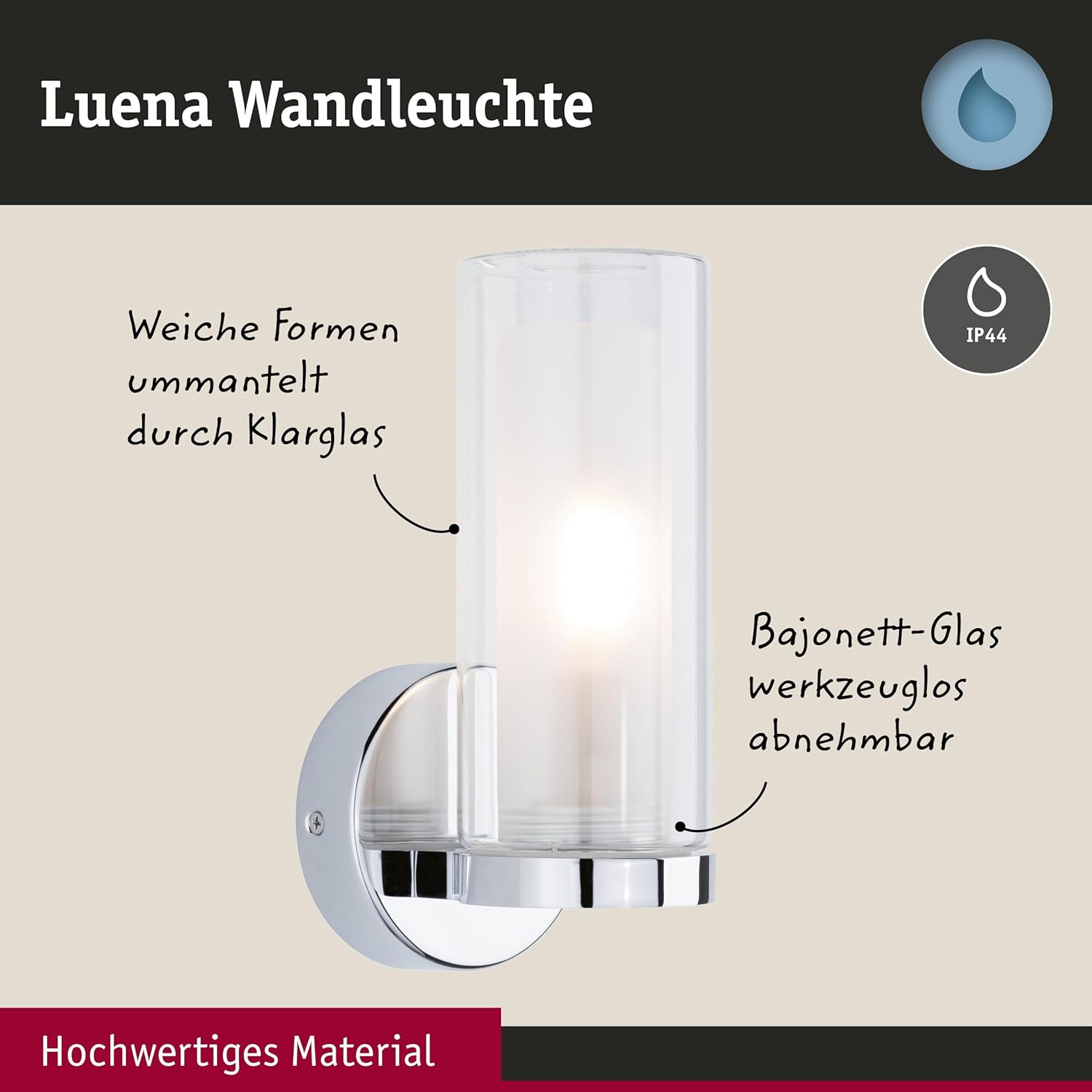 Paulmann Luena Wall Lamp with IP44 rating and tool-free removable glass
