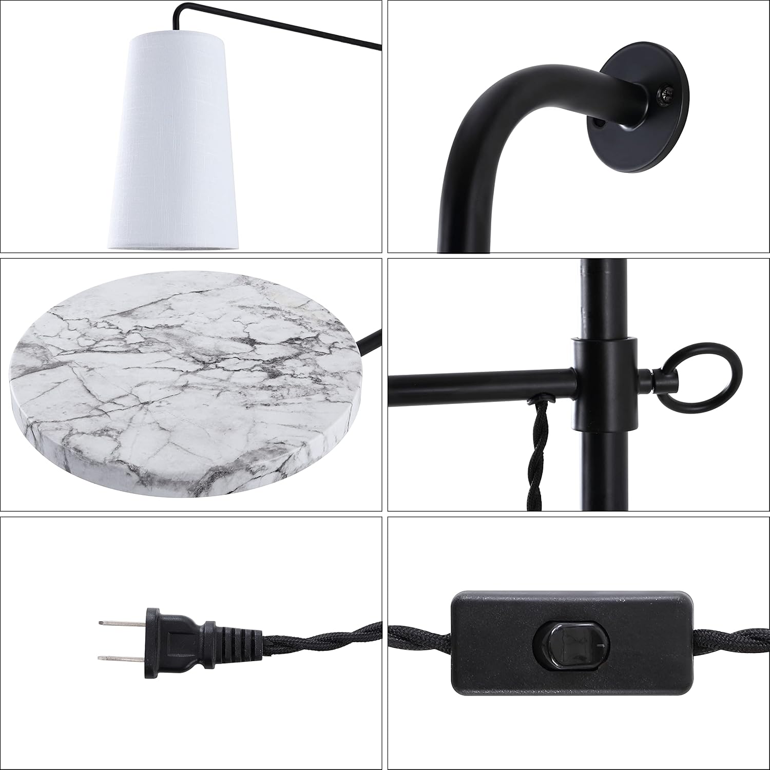 JONATHAN Y 65" Black 1-Light Iron Plug-in Sconce with Adjustable White Marble Table, Contemporary Industrial Wall Lamp with White Linen Shade, LED Bulb Included JYL1304A